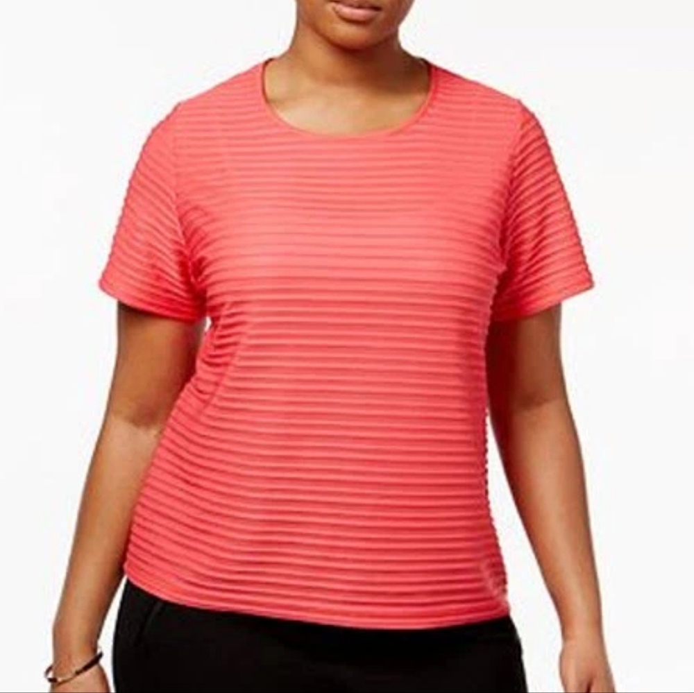 Calvin Klein 3X Coral Pink Short Sleeve Tee Striped Textured Blouse Top Career